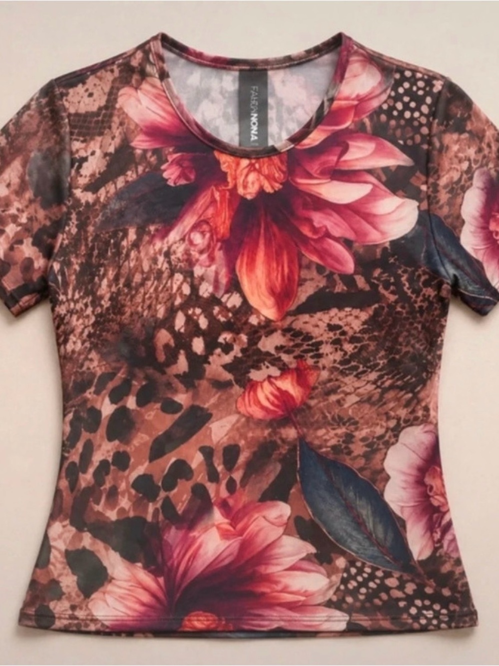Fashion Nova Sheer Brown Floral & Animal-Print Short Sleeve Tee Pink Accents